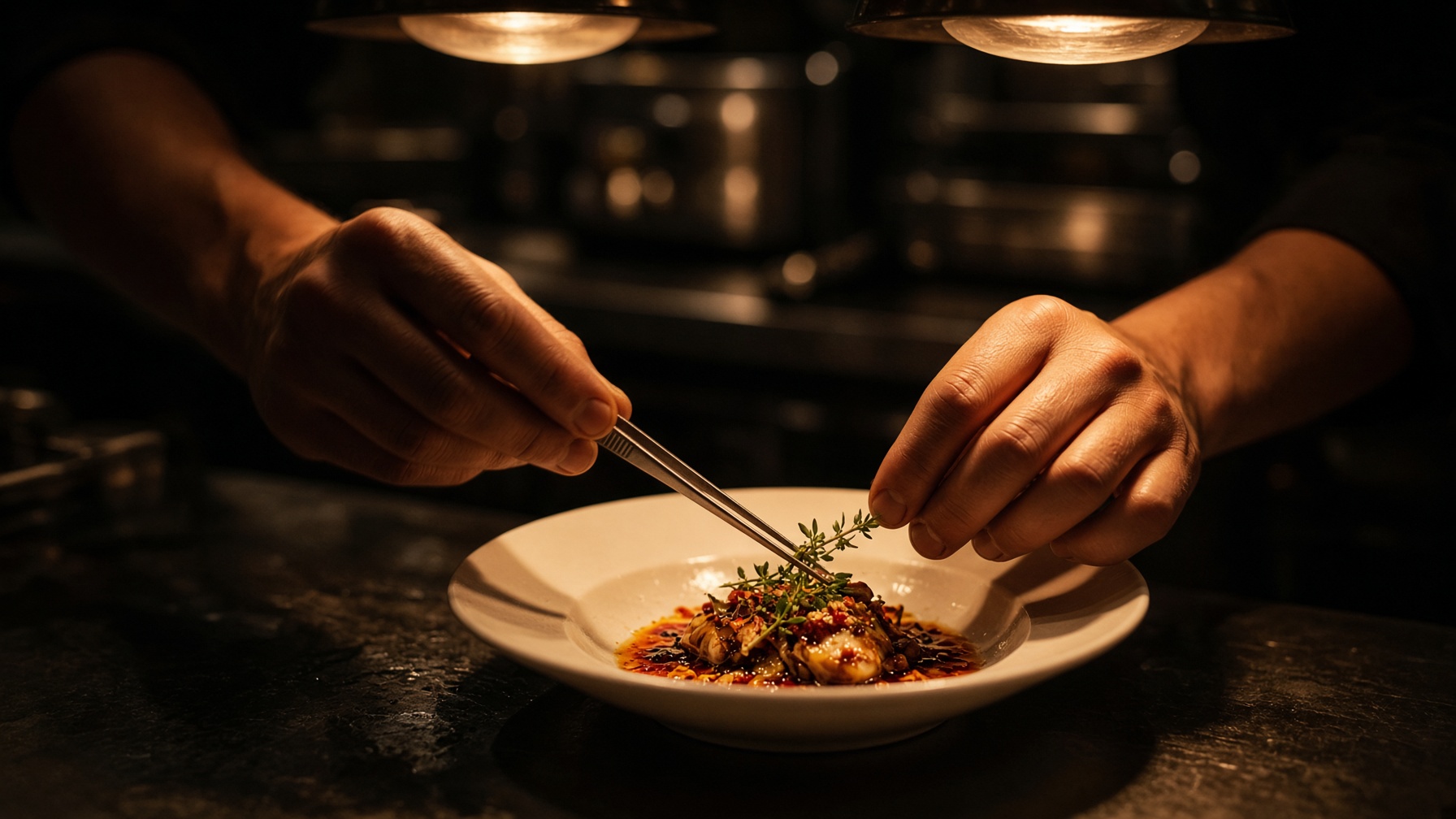 Hands plating at the kitchen pass