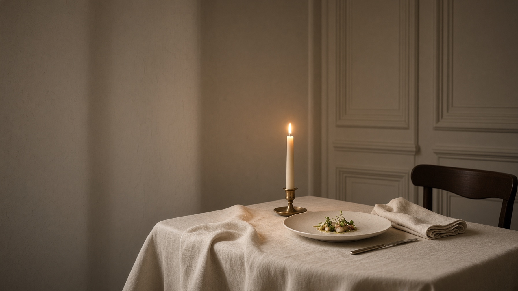 A quieter dining room — cream linen, candle, tasting plate